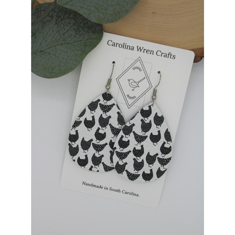 5/$25 Genuine Leather Black and White Chicken Teardrop Dangle Earrings